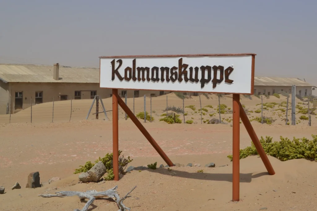 Historic Kolmannskuppe sign at Kolmanskop ghost town in Namibia