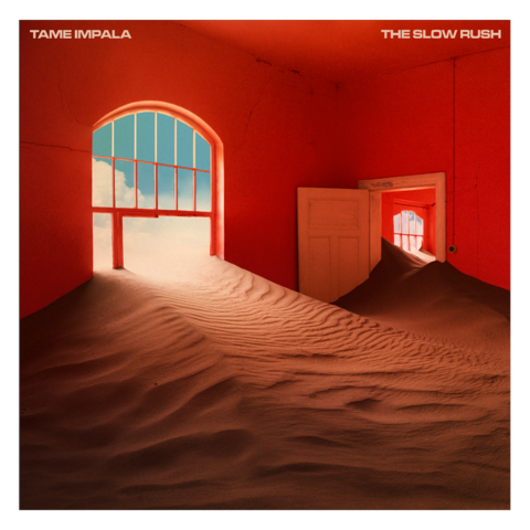 Tame Impala The Slow Rush album cover showing a red sand-filled room photographed at Kolmanskop Namibia