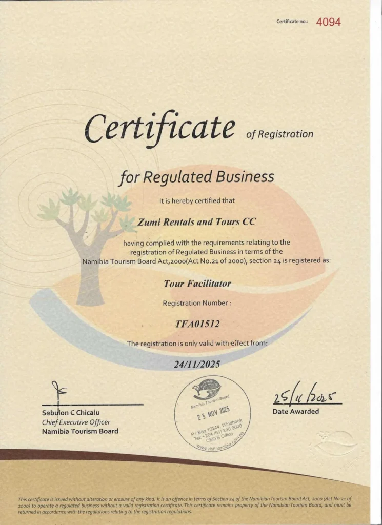 Namibia Tourism Board certificate registering Zumi Rentals and Tours CC as a Tour Facilitator
