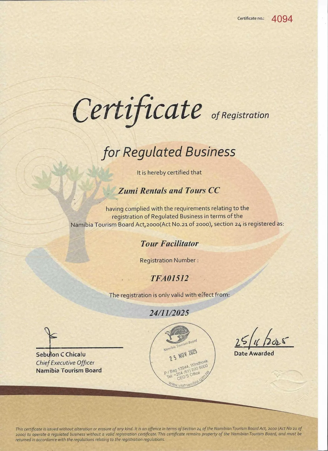 Tour Facilitator — NTB registration certificate