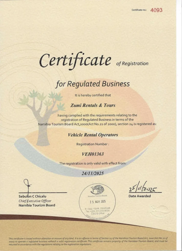 Namibia Tourism Board certificate registering Zumi Rentals and Tours as a Vehicle Rental Operator
